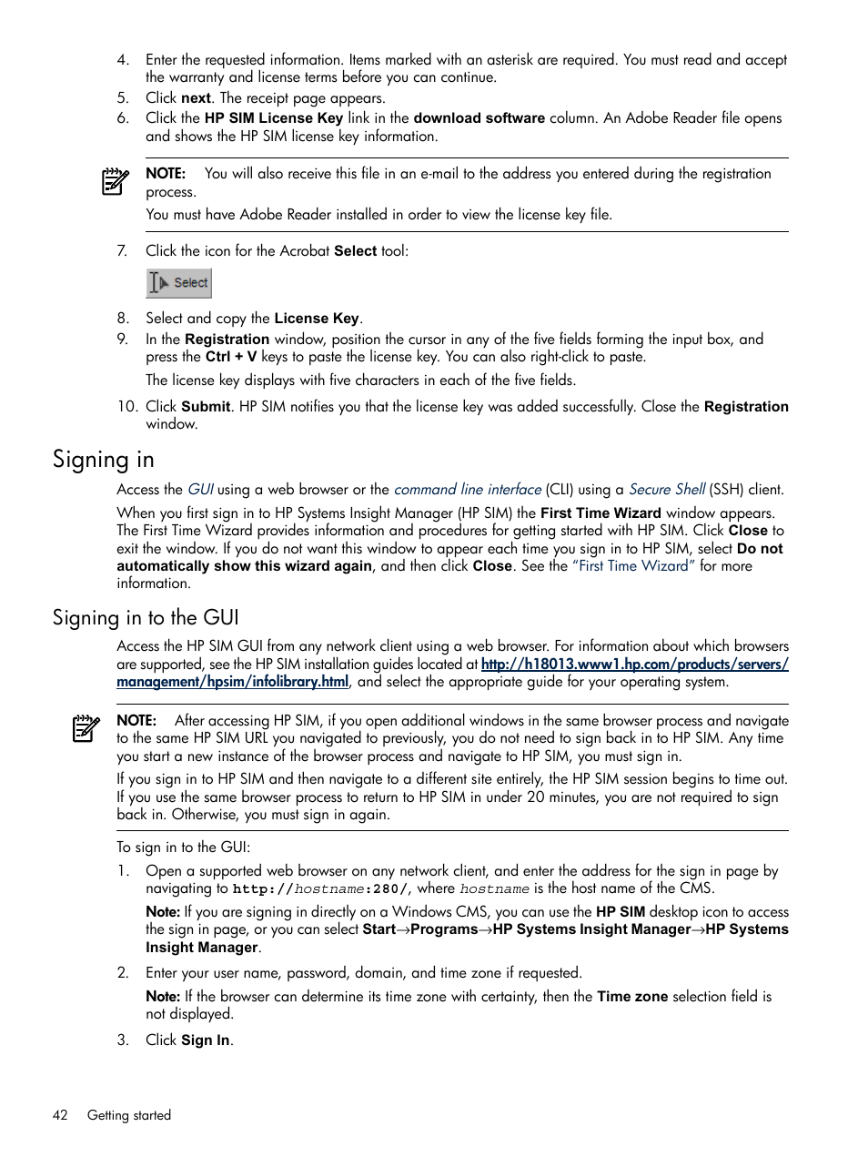 Signing in, Signing in to the gui | HP Systems Insight Manager User Manual | Page 42 / 679