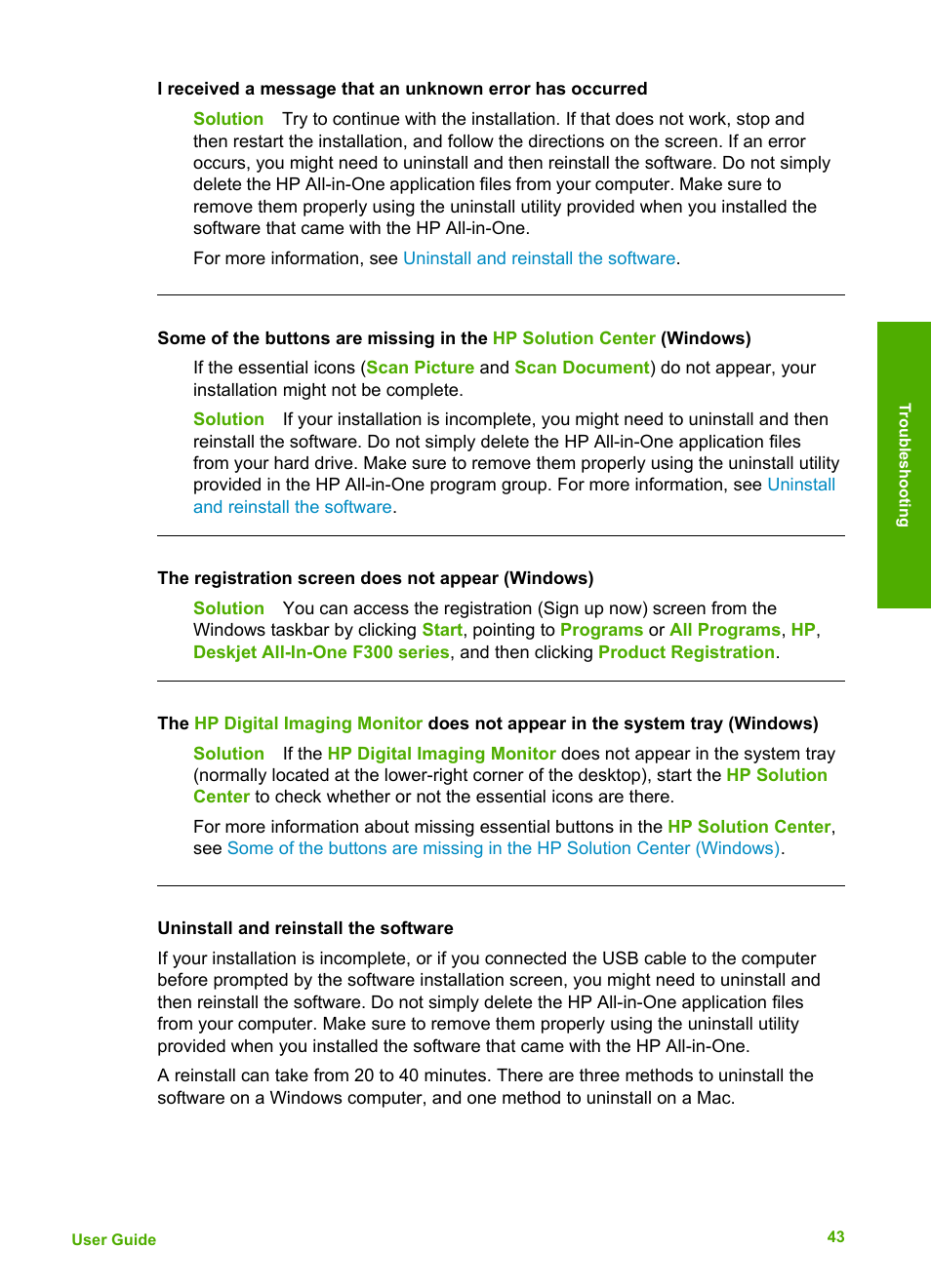 Uninstall and reinstall the software, Uninstall and, Reinstall the software | Some of the buttons are missing in the, Hp solution center (windows) | HP Deskjet F375 All-in-One Printer User Manual | Page 46 / 69