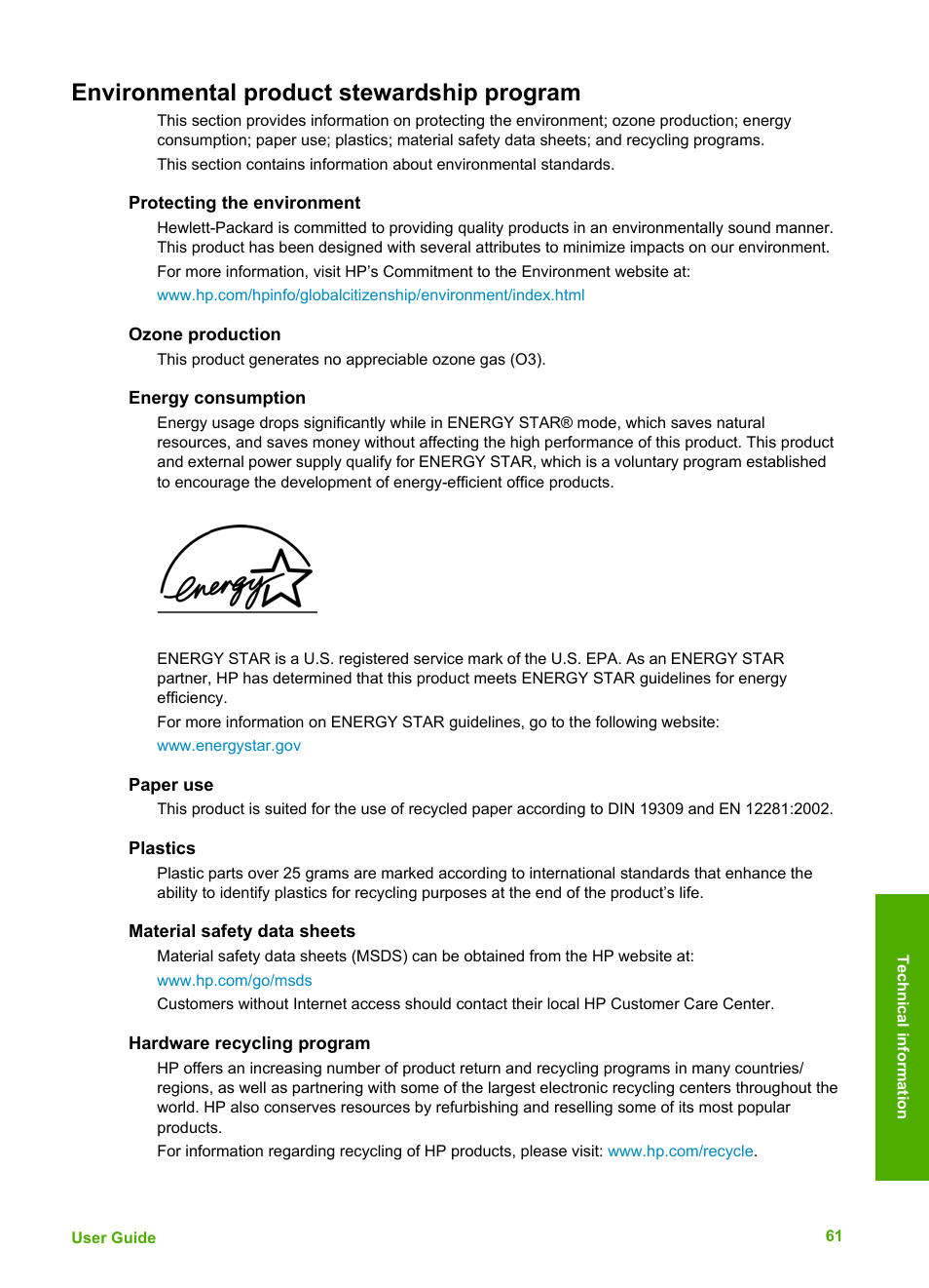 Environmental product stewardship program, Protecting the environment, Ozone production | Energy consumption, Paper use, Plastics, Material safety data sheets, Hardware recycling program | HP Deskjet F375 All-in-One Printer User Manual | Page 64 / 69