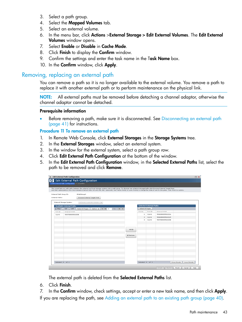 Removing, replacing an external path | HP XP P9500 Storage User Manual | Page 43 / 122