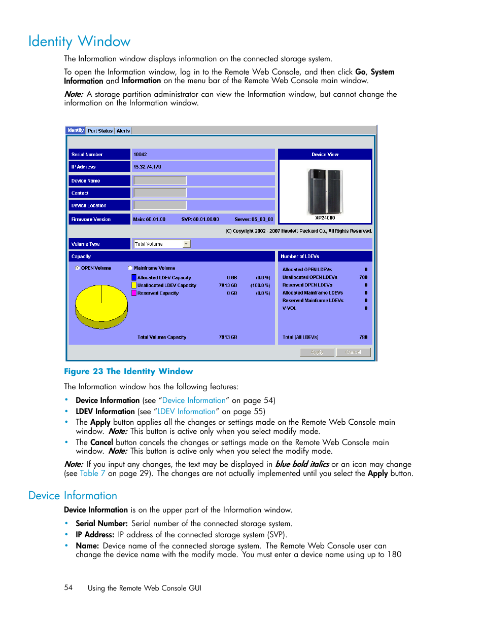 Identity window, Device information, 23 the identity window | HP XP20000XP24000 Disk Array User Manual | Page 54 / 108