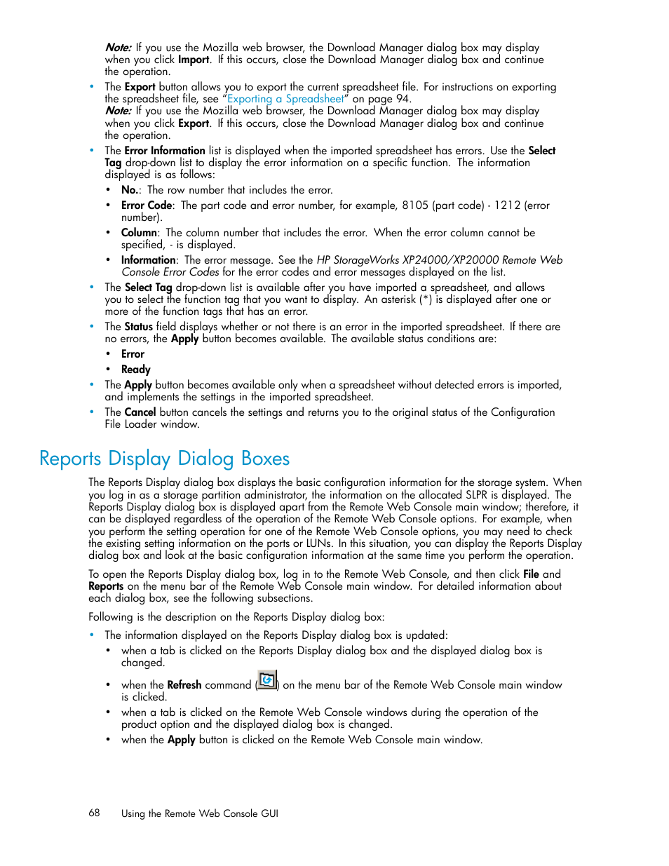 Reports display dialog boxes | HP XP20000XP24000 Disk Array User Manual | Page 68 / 108