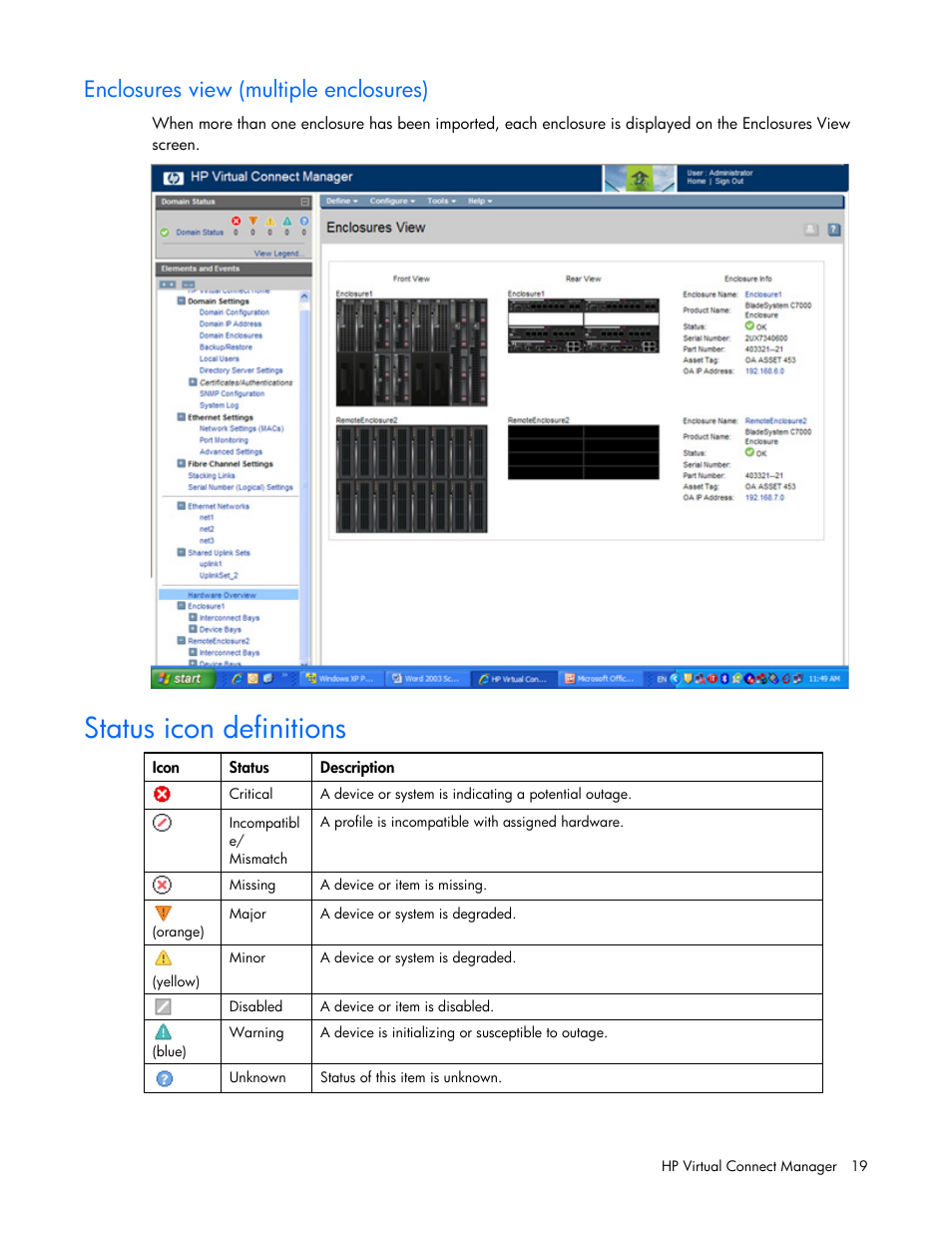 Enclosures view (multiple enclosures), Status icon definitions | HP 1.10GB Virtual Connect Ethernet Module for c-Class BladeSystem User Manual | Page 19 / 162
