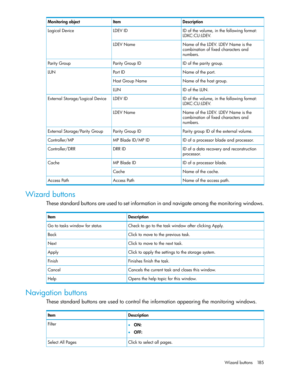 Wizard buttons, Navigation buttons, Wizard buttons navigation buttons | HP XP RAID Manager Software User Manual | Page 185 / 205