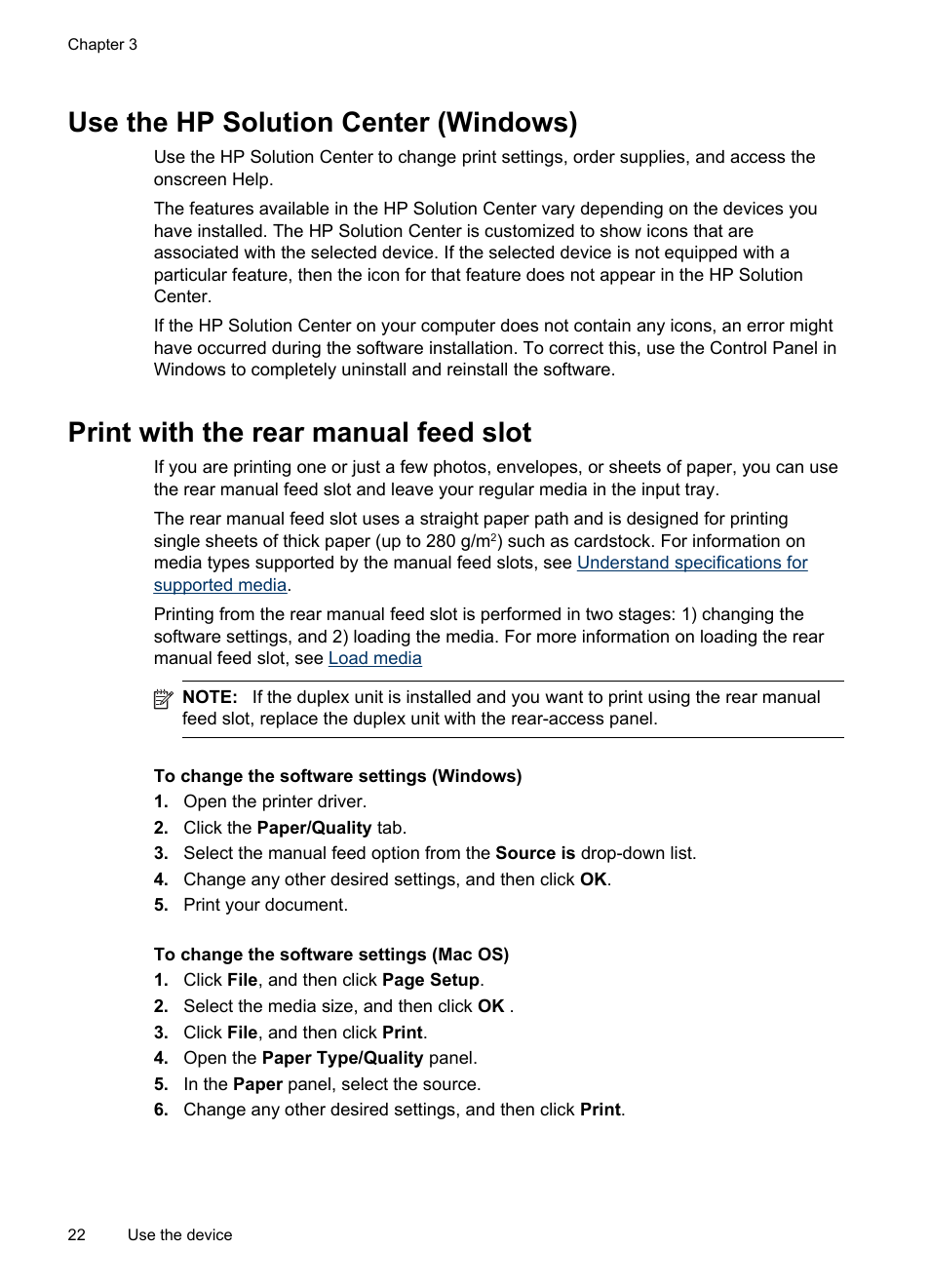 Use the hp solution center (windows), Print with the rear manual feed slot | HP Officejet Pro K8600 Printer User Manual | Page 26 / 108