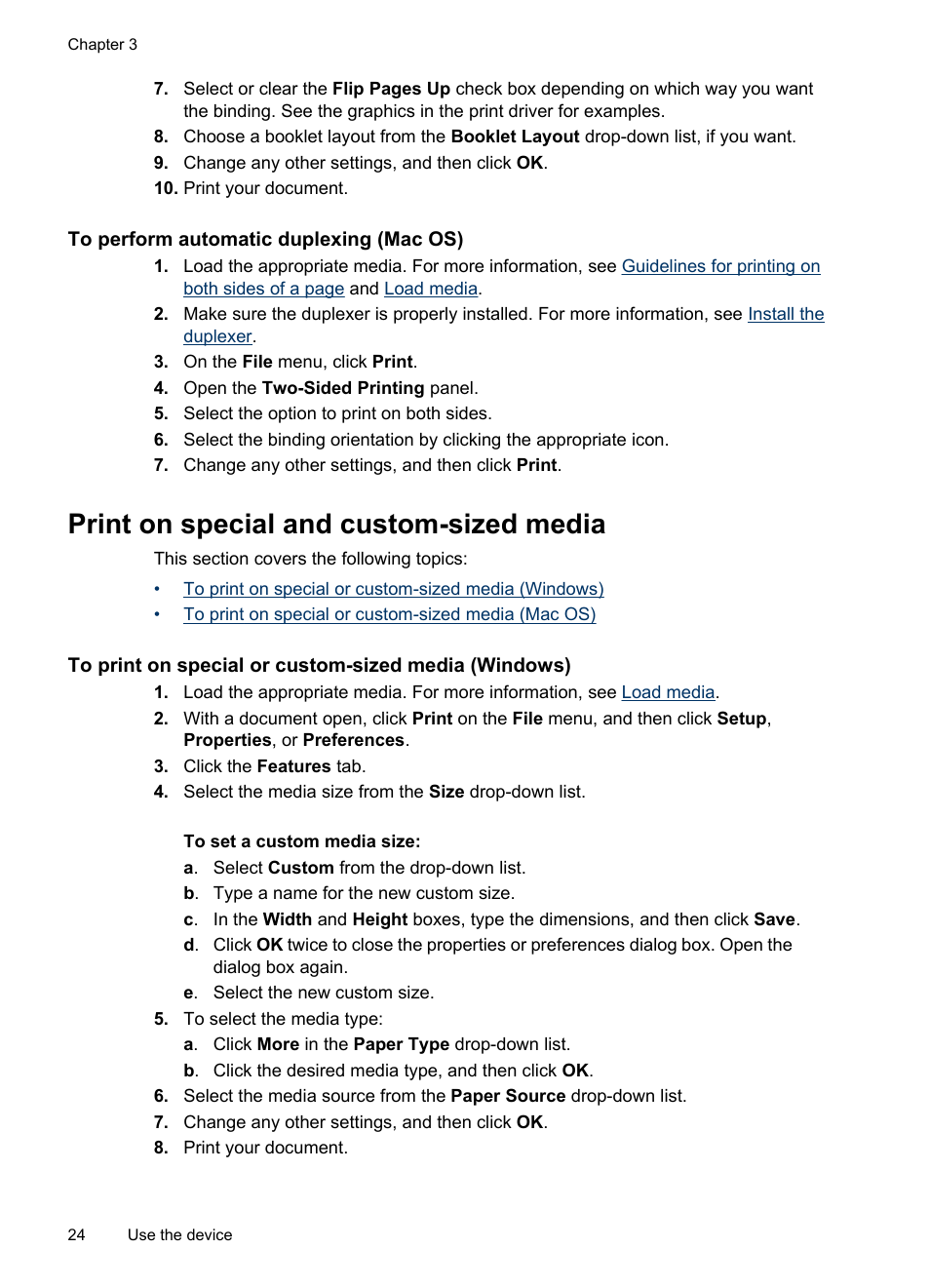 To perform automatic duplexing (mac os), Print on special and custom-sized media | HP Officejet Pro K8600 Printer User Manual | Page 28 / 108