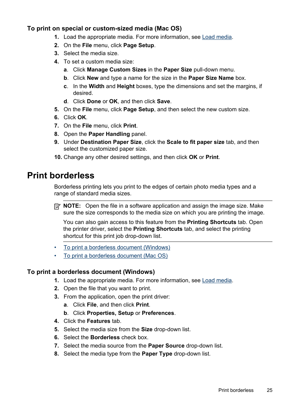 To print on special or custom-sized media (mac os), Print borderless, To print a borderless document (windows) | HP Officejet Pro K8600 Printer User Manual | Page 29 / 108