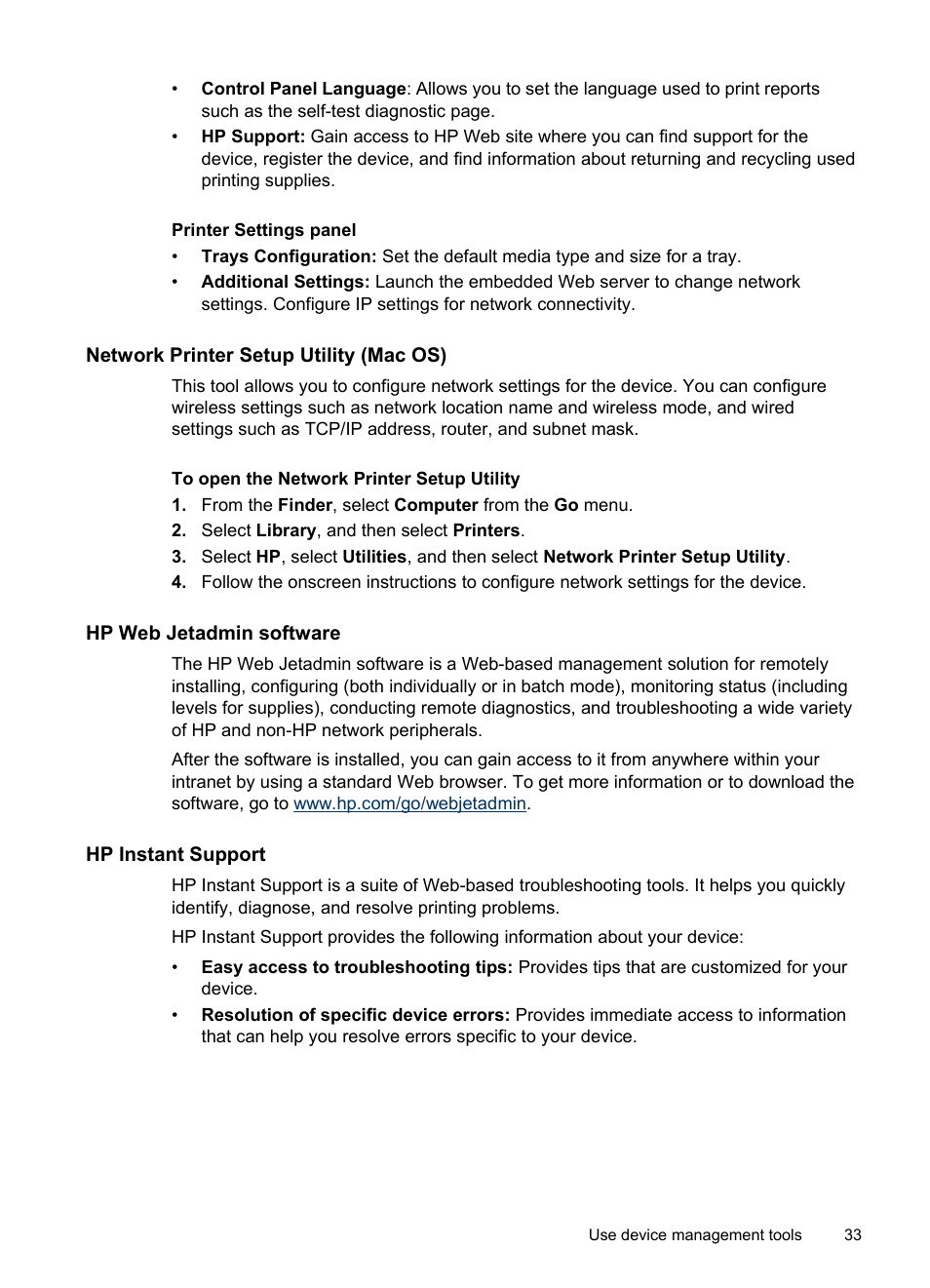 Network printer setup utility (mac os), Hp web jetadmin software, Hp instant support | Instant support, Printer settings panel | HP Officejet Pro K8600 Printer User Manual | Page 37 / 108