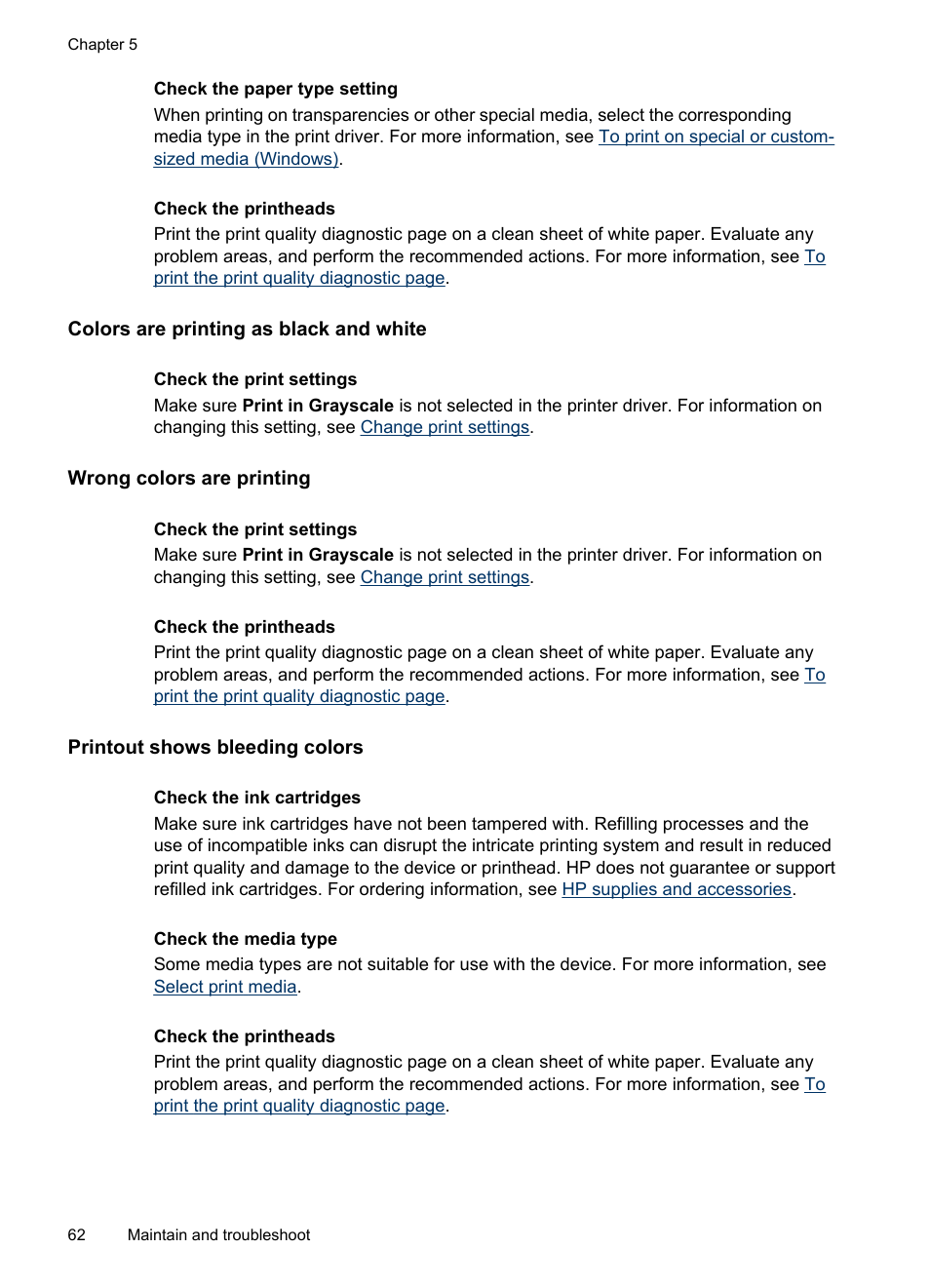 Colors are printing as black and white, Wrong colors are printing, Printout shows bleeding colors | HP Officejet Pro K8600 Printer User Manual | Page 66 / 108