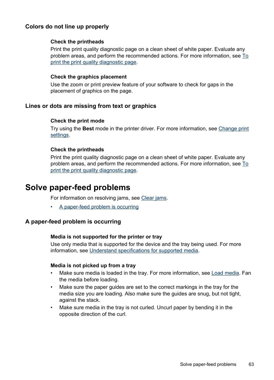 Colors do not line up properly, Lines or dots are missing from text or graphics, Solve paper-feed problems | A paper-feed problem is occurring, Solve, Paper-feed problems | HP Officejet Pro K8600 Printer User Manual | Page 67 / 108