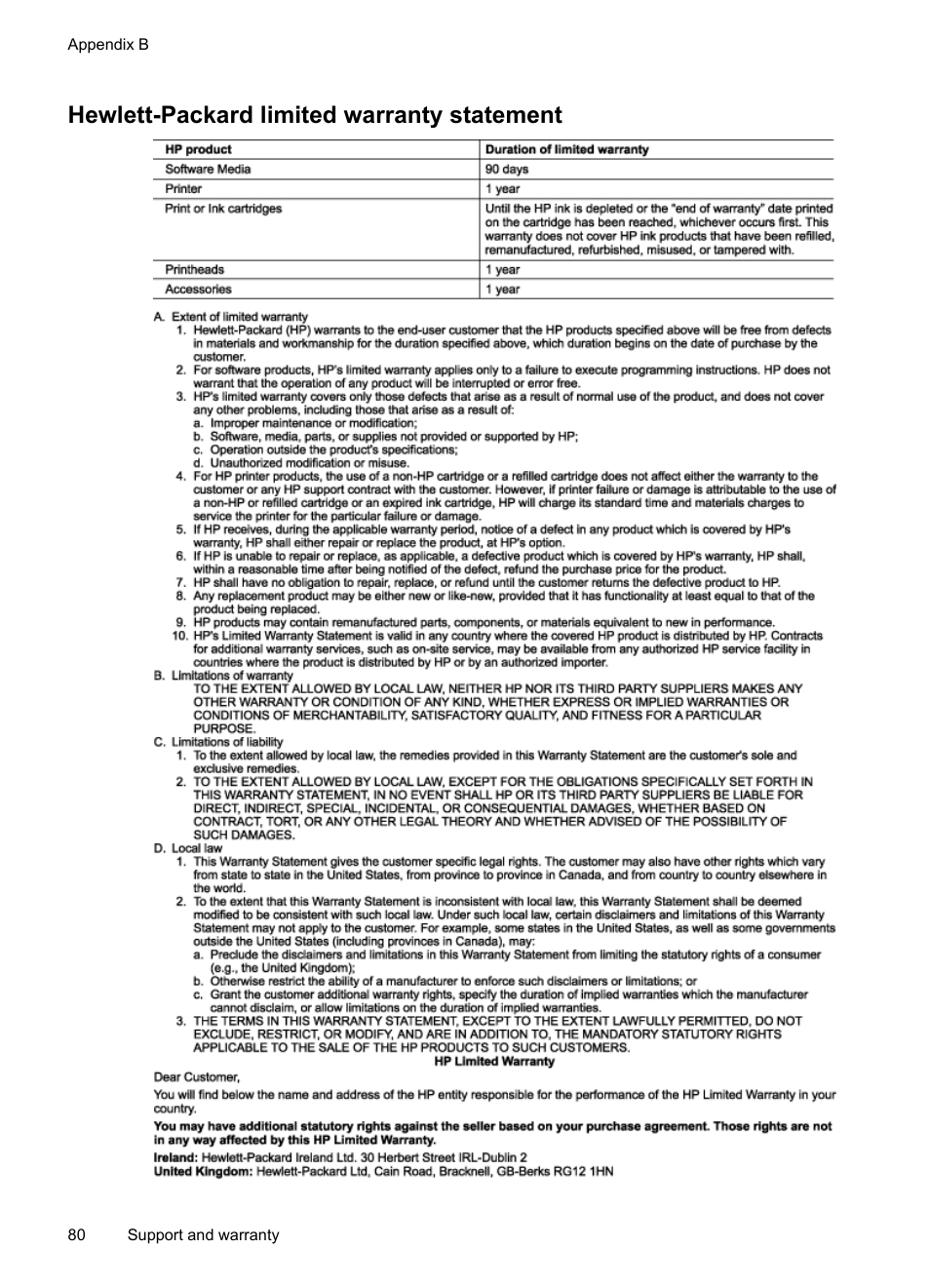 Hewlett-packard limited warranty statement | HP Officejet Pro K8600 Printer User Manual | Page 84 / 108
