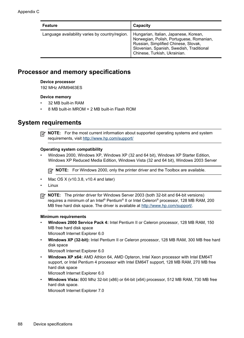 Processor and memory specifications, System requirements | HP Officejet Pro K8600 Printer User Manual | Page 92 / 108