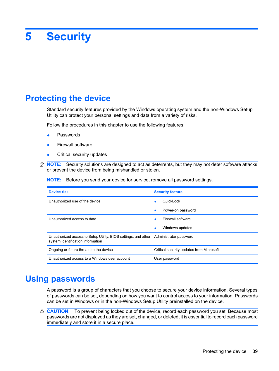 Security, Protecting the device, Using passwords | 5 security, Protecting the device using passwords, 5security | HP Mini 1132TU PC User Manual | Page 49 / 86