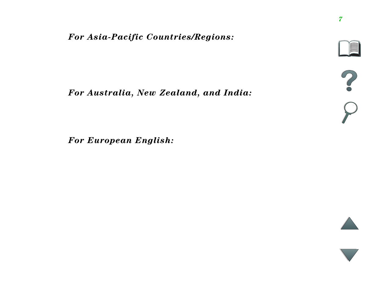 For australia, new zealand, and india, For european english, For asia-pacific countries/regions | HP LaserJet 8100 Multifunction Printer series User Manual | Page 7 / 88