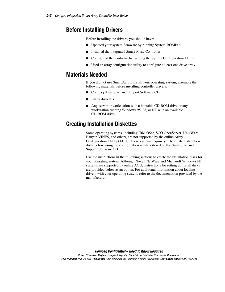 Before installing drivers, Materials needed, Creating installation diskettes | HP Compaq Integrated Smart Array Controller User Manual | Page 42 / 147