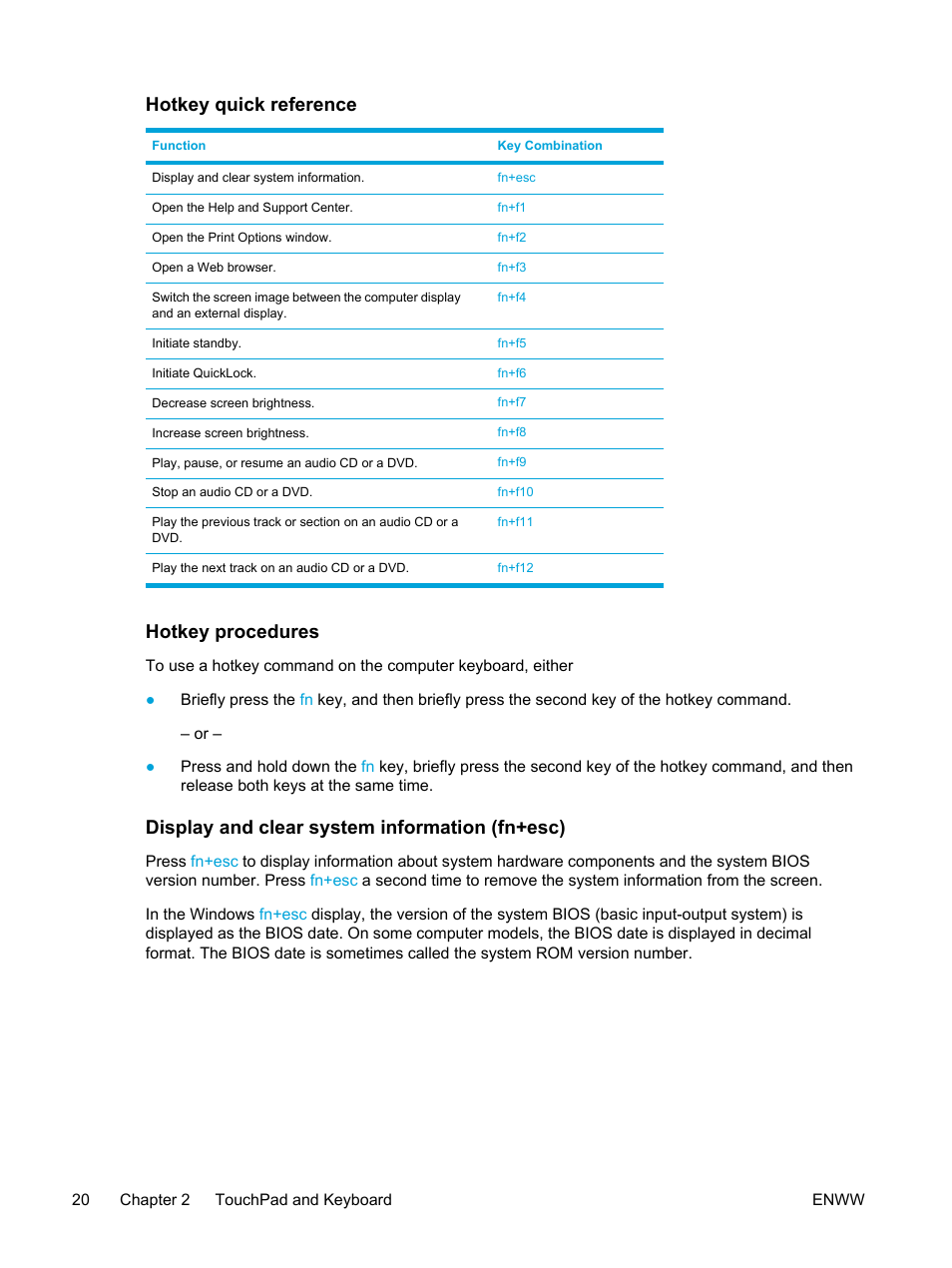 Hotkey quick reference, Hotkey procedures, Display and clear system information (fn+esc) | HP Pavilion dv5127eu Notebook PC User Manual | Page 30 / 192