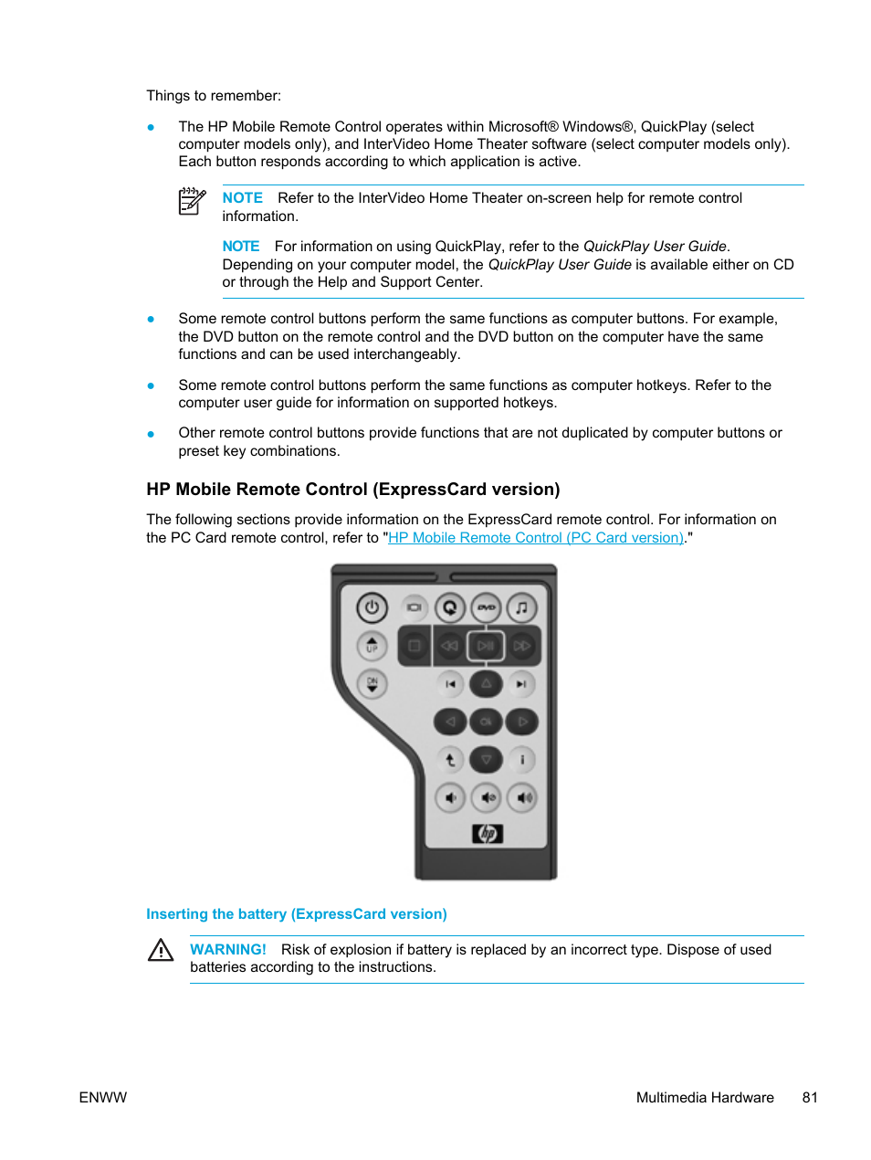 Hp mobile remote control (expresscard version), Inserting the battery (expresscard version), Hp mobile remote control | Expresscard version) | HP Pavilion dv5127eu Notebook PC User Manual | Page 91 / 192