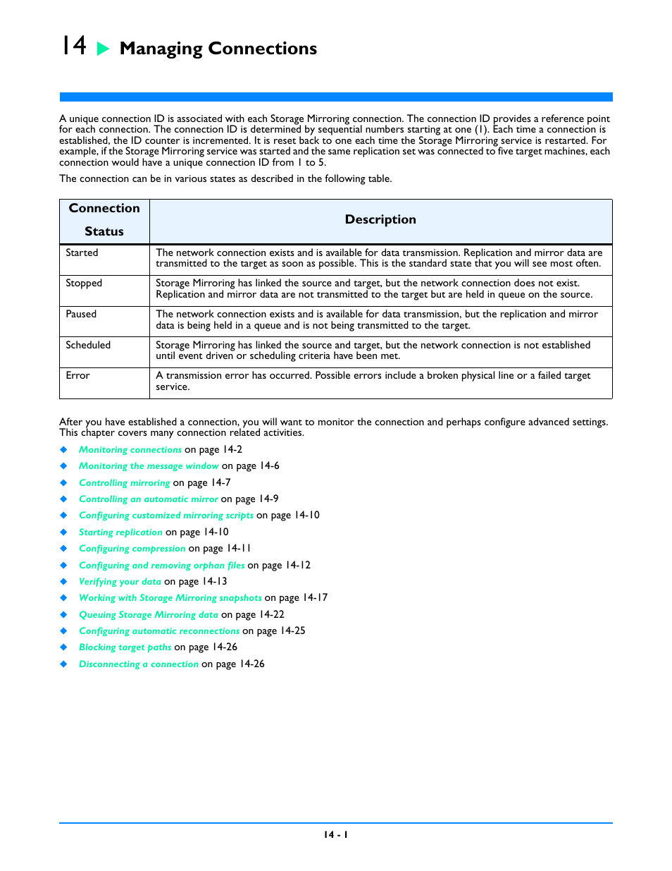 Managing connections, Chapter 14: managing connections -1 | HP Storage Mirroring V5 Software User Manual | Page 90 / 212