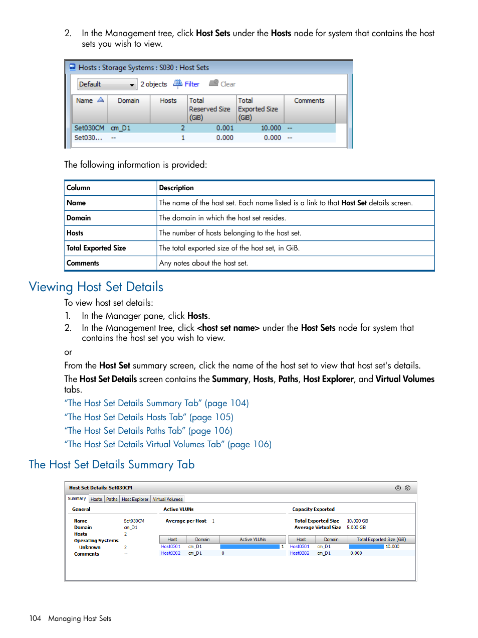 Viewing host set details, The host set details summary tab | HP 3PAR Operating System Software User Manual | Page 104 / 424