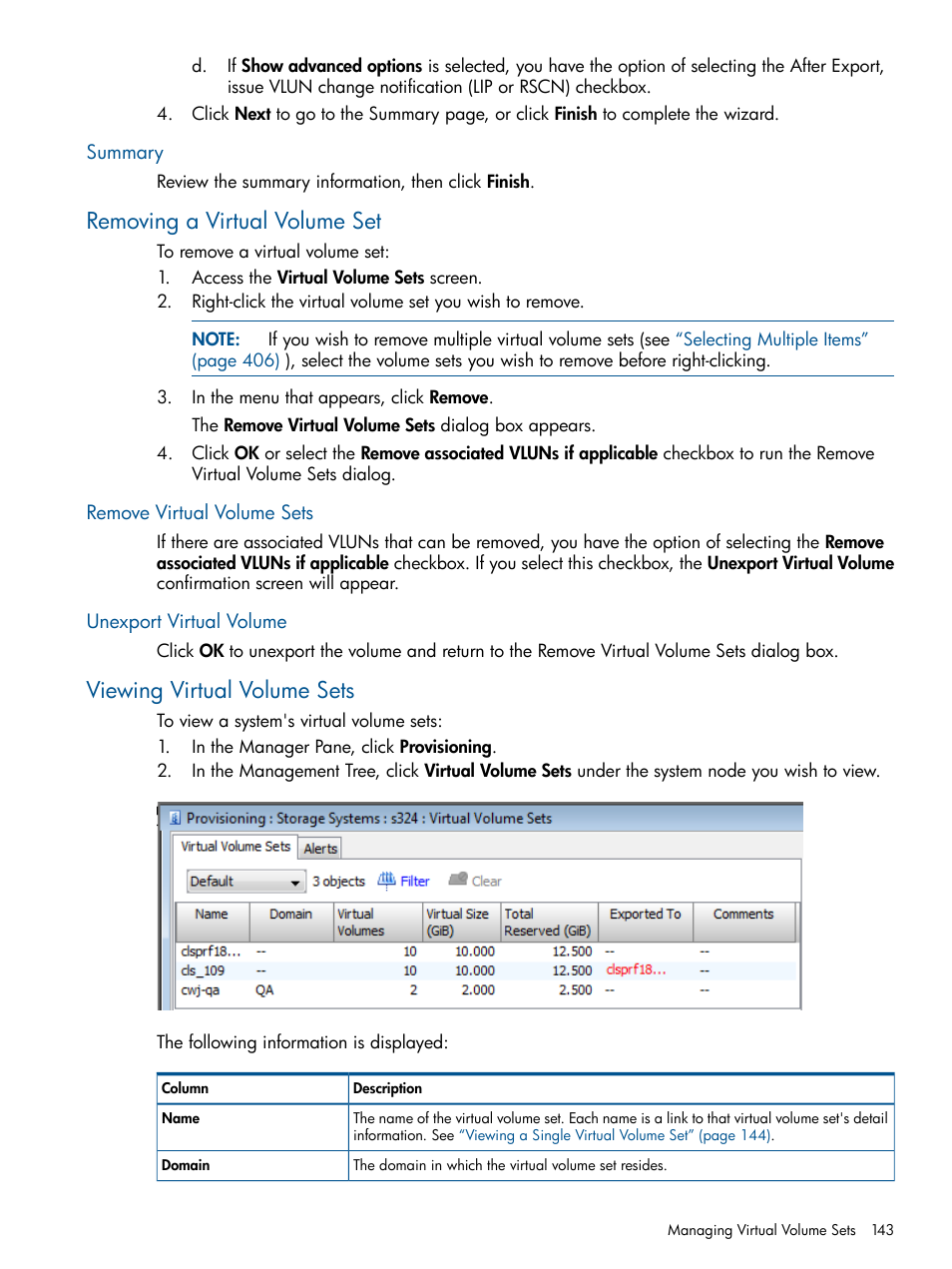 Summary, Removing a virtual volume set, Remove virtual volume sets | Unexport virtual volume, Viewing virtual volume sets, Remove virtual volume sets unexport virtual volume | HP 3PAR Operating System Software User Manual | Page 143 / 424