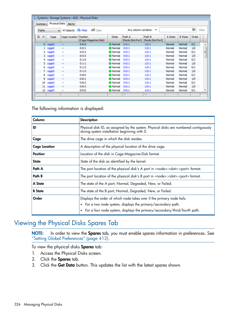 Viewing the physical disks spares tab | HP 3PAR Operating System Software User Manual | Page 324 / 424