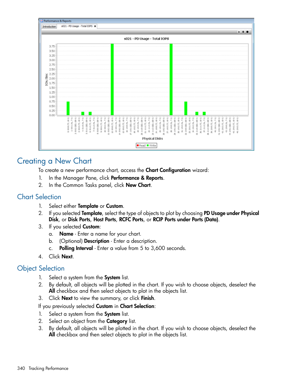 Creating a new chart, Chart selection, Object selection | Chart selection object selection | HP 3PAR Operating System Software User Manual | Page 340 / 424