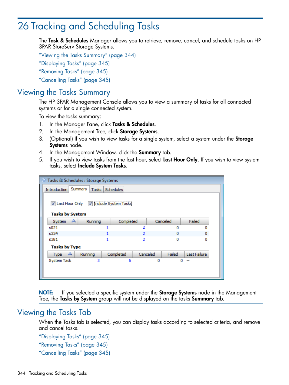 26 tracking and scheduling tasks, Viewing the tasks summary, Viewing the tasks tab | Viewing the tasks summary viewing the tasks tab | HP 3PAR Operating System Software User Manual | Page 344 / 424