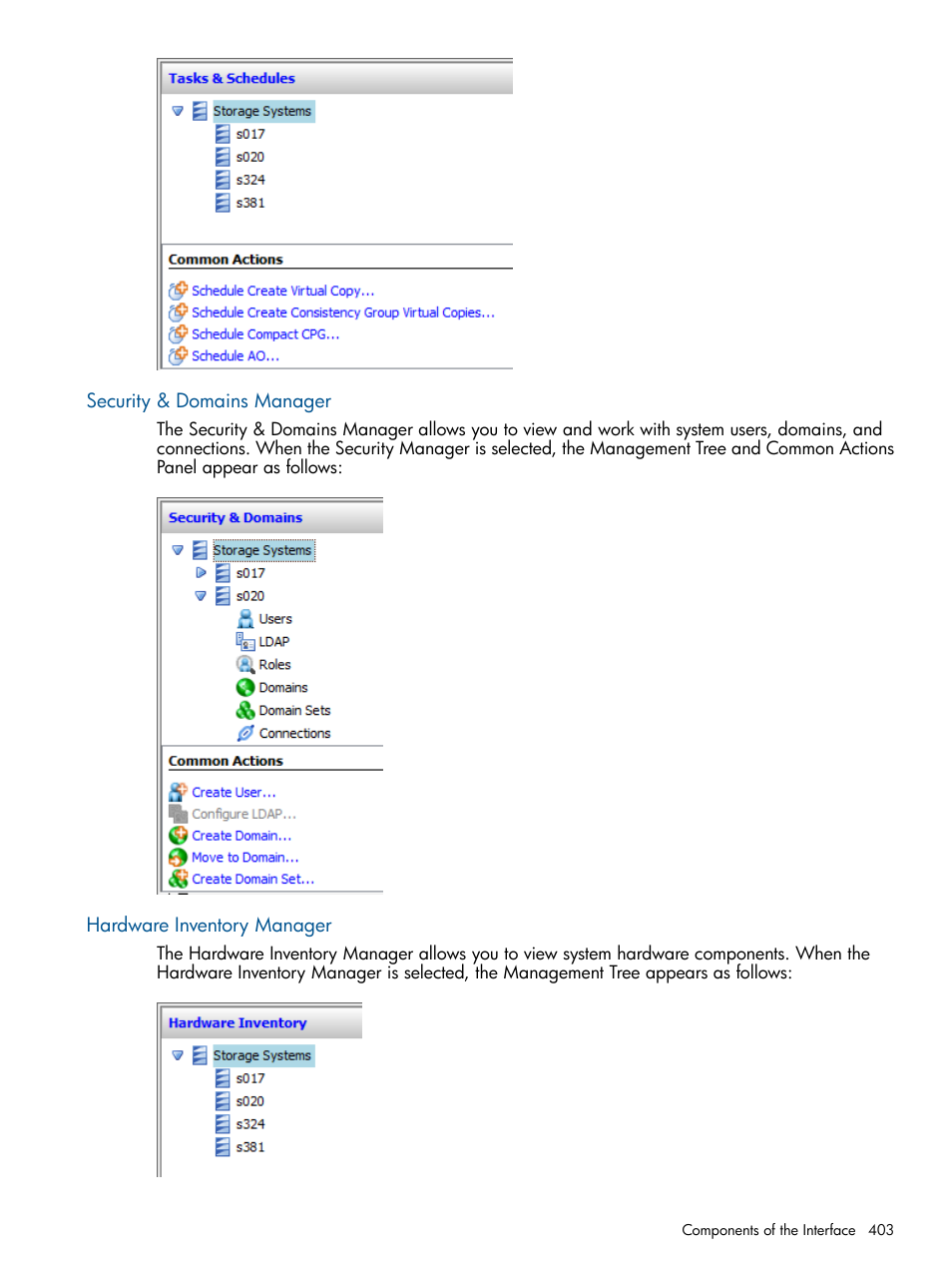 Security & domains manager, Hardware inventory manager | HP 3PAR Operating System Software User Manual | Page 403 / 424