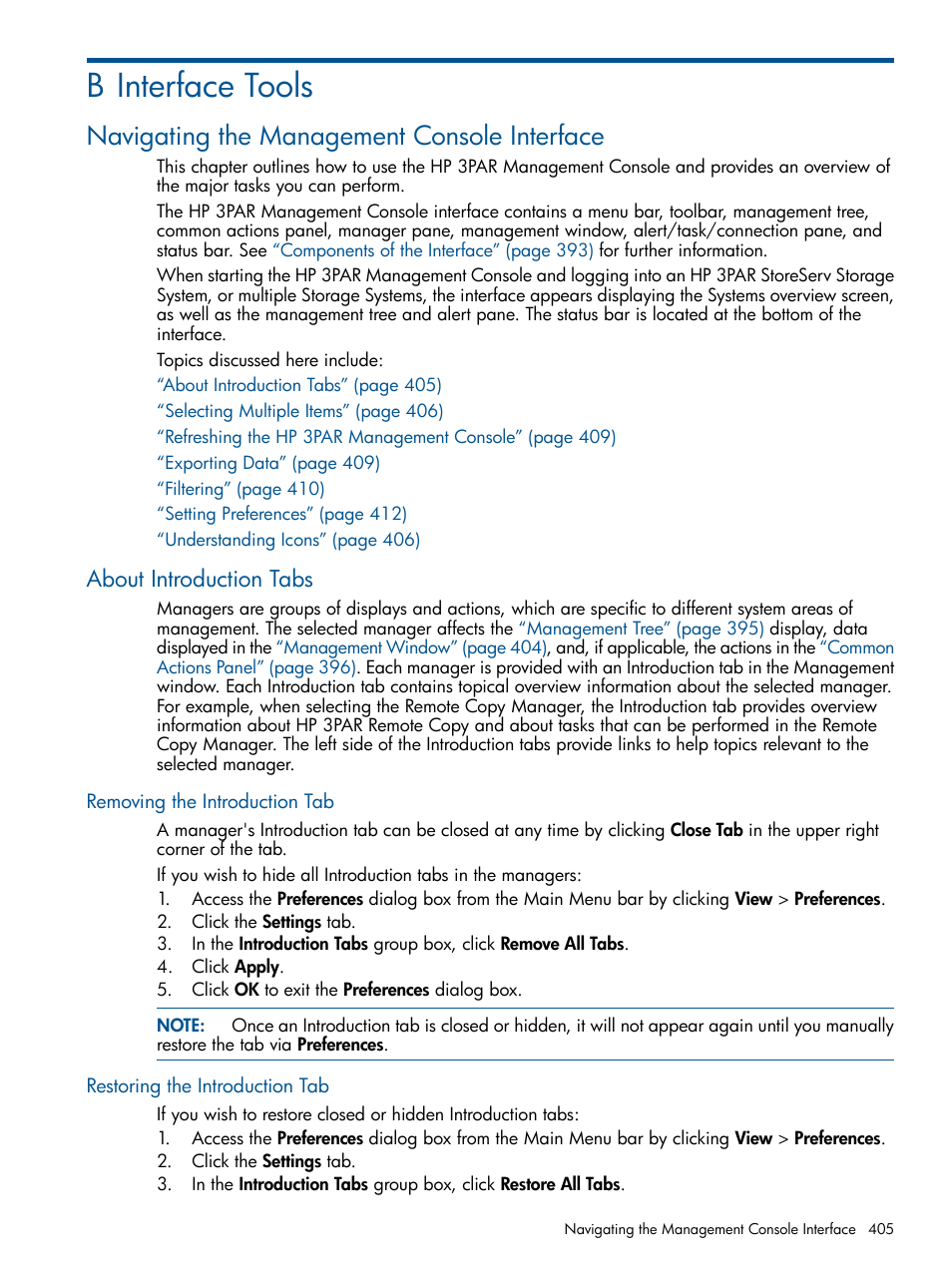B interface tools, Navigating the management console interface, About introduction tabs | Removing the introduction tab, Restoring the introduction tab | HP 3PAR Operating System Software User Manual | Page 405 / 424