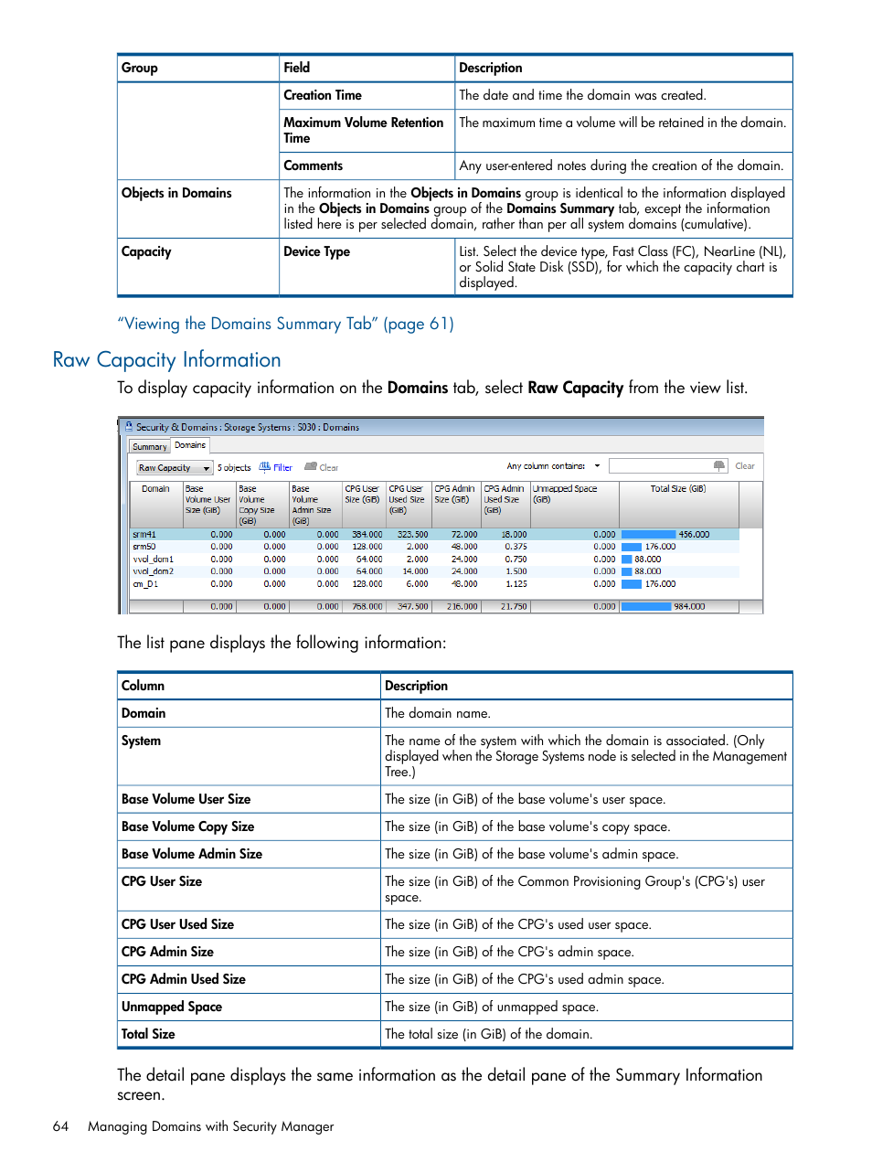 Raw capacity information | HP 3PAR Operating System Software User Manual | Page 64 / 424