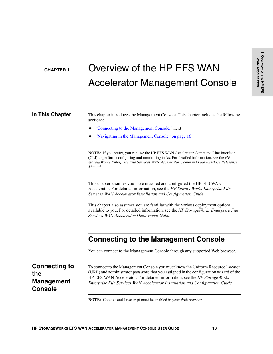 In this chapter, Connecting to the management console, Chapter 1 | Overview of the hp efs wan accelerator management, Console | HP StorageWorks Enterprise File Services WAN Accelerator User Manual | Page 13 / 232