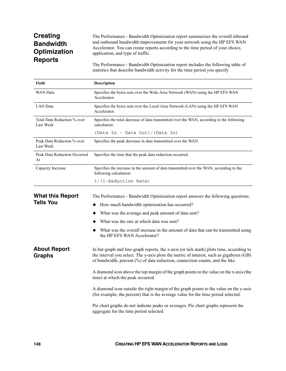 Creating bandwidth optimization reports, What this report tells you, About report graphs | HP StorageWorks Enterprise File Services WAN Accelerator User Manual | Page 148 / 232
