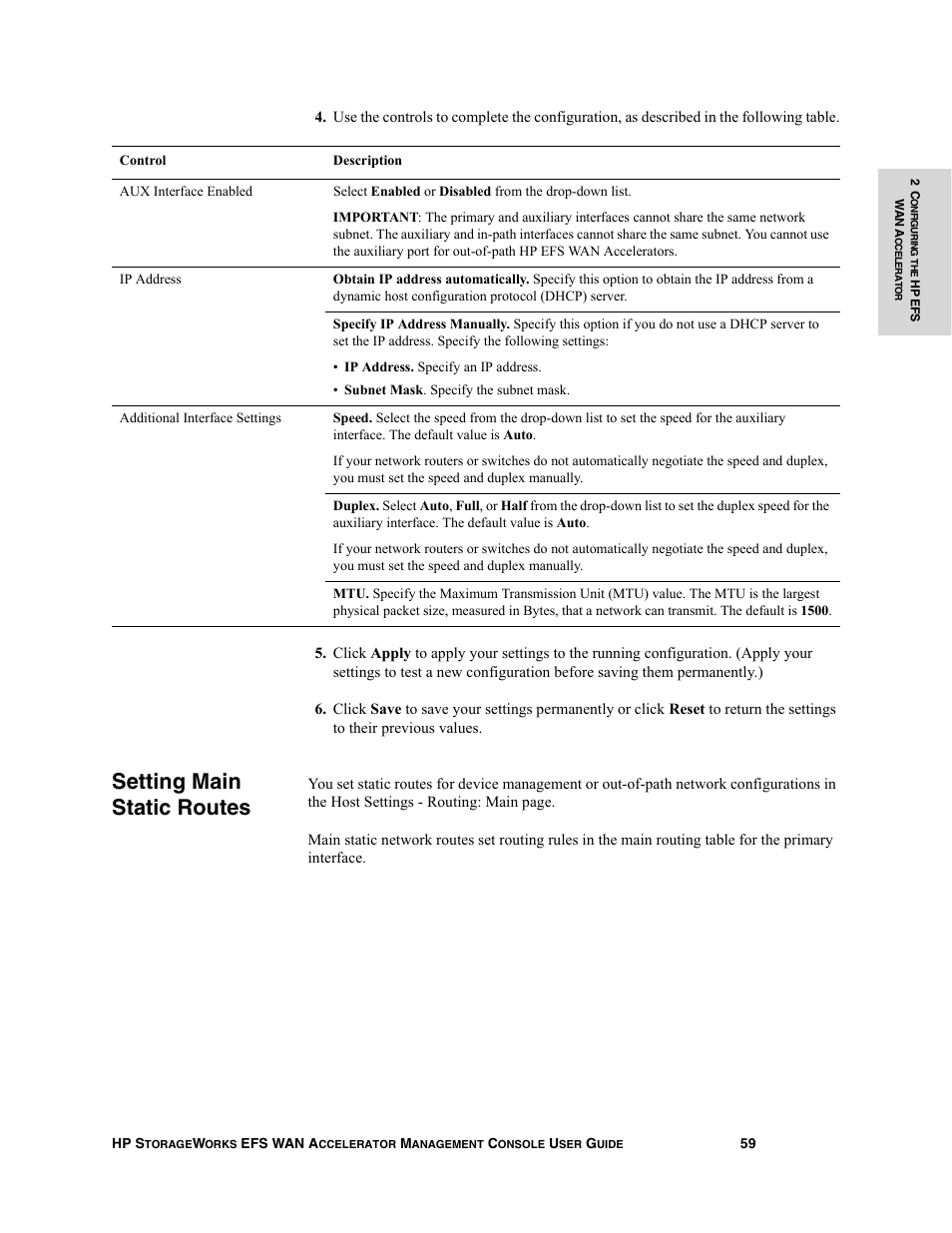 Setting main static routes | HP StorageWorks Enterprise File Services WAN Accelerator User Manual | Page 59 / 232