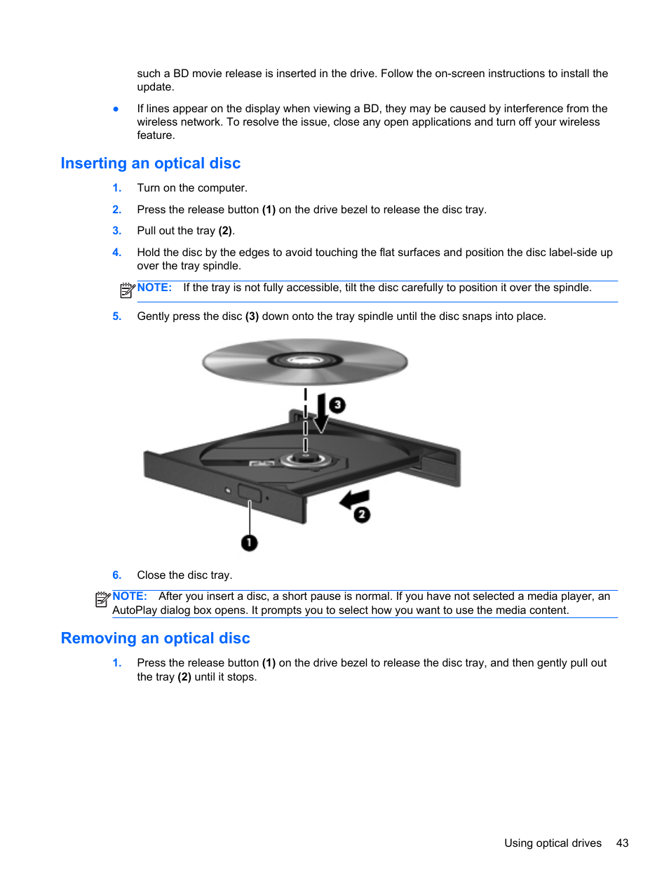 Inserting an optical disc, Removing an optical disc, Inserting an optical disc removing an optical disc | HP Pavilion g7-2254ca Notebook PC User Manual | Page 53 / 84