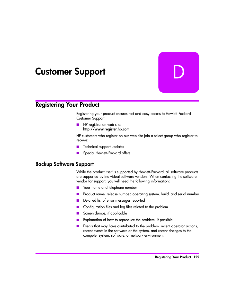 Registering your product, Backup software support, Appendix d | Customer support 125, Registering your product 125, Backup software support 125, Customer support | HP Tape Library Interface Manager Software User Manual | Page 125 / 138