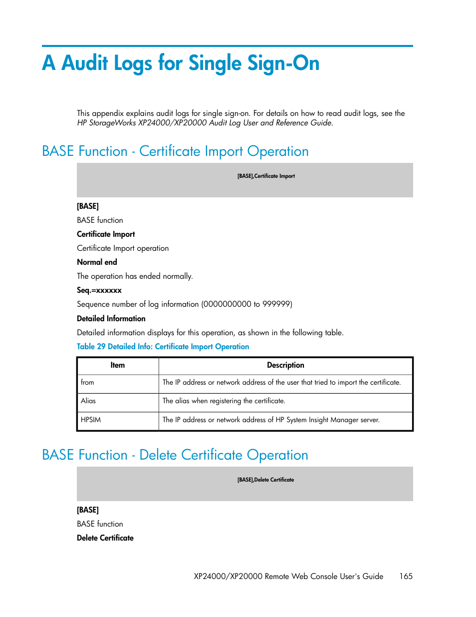 A audit logs for single sign-on, Base function - certificate import operation, Base function - delete certificate operation | 165 base function - delete certificate operation, Detailed info: certificate import operation, Appendix a | HP StorageWorks XP Remote Web Console Software User Manual | Page 165 / 174