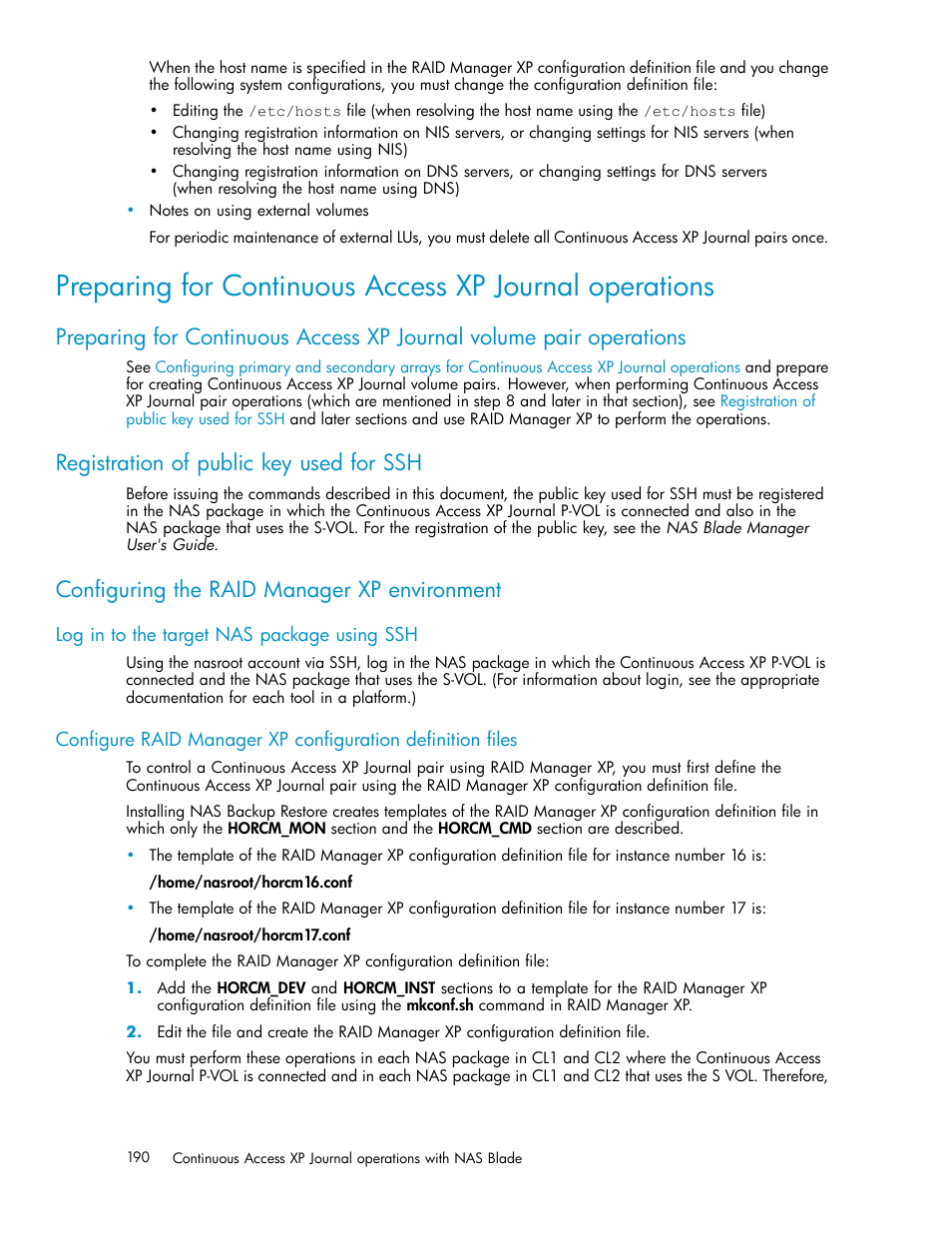 Registration of public key used for ssh, Configuring the raid manager xp environment, Log in to the target nas package using ssh | HP XP Continuous Access Software User Manual | Page 190 / 234