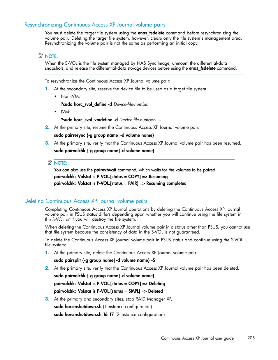 Deleting continuous access xp journal volume pairs | HP XP Continuous Access Software User Manual | Page 205 / 234