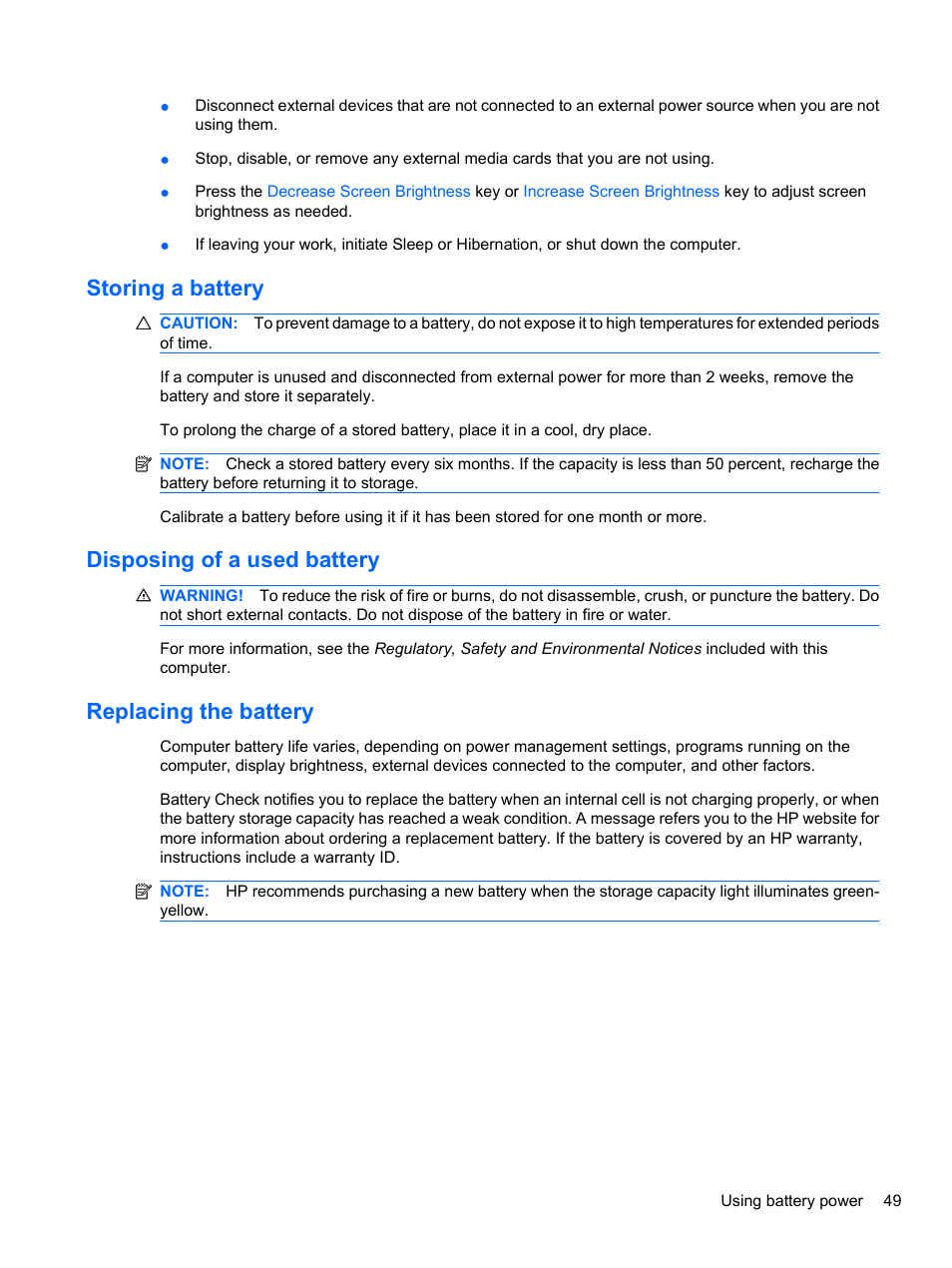 Storing a battery, Disposing of a used battery, Replacing the battery | HP Pavilion dv7-4297cl Entertainment Notebook PC User Manual | Page 59 / 121