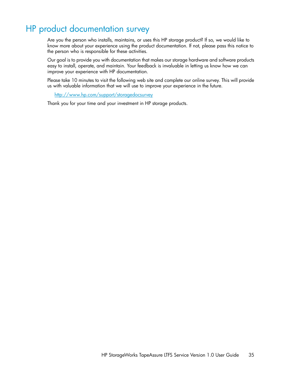 Hp product documentation survey | HP Linear Tape File System Software User Manual | Page 35 / 36