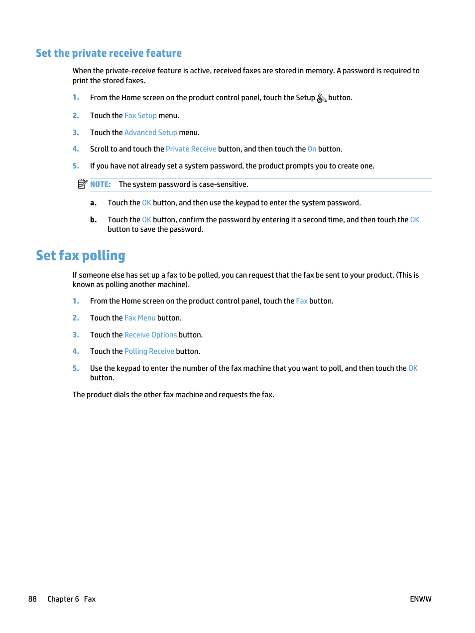 Set the private receive feature, Set fax polling | HP LaserJet Pro 400 MFP M425 User Manual | Page 104 / 228