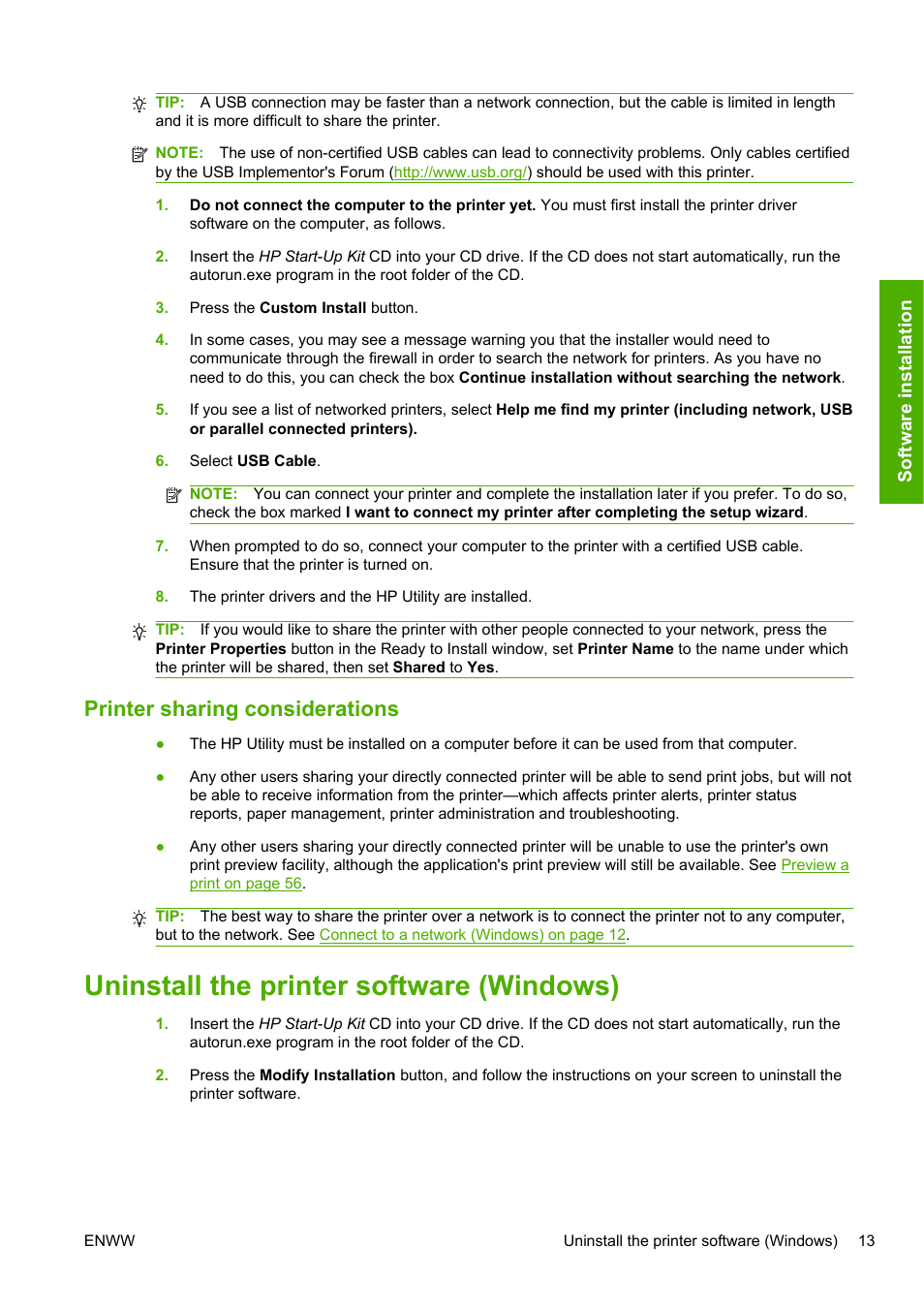 Printer sharing considerations, Uninstall the printer software (windows) | HP Designjet T1200 Printer series User Manual | Page 21 / 200