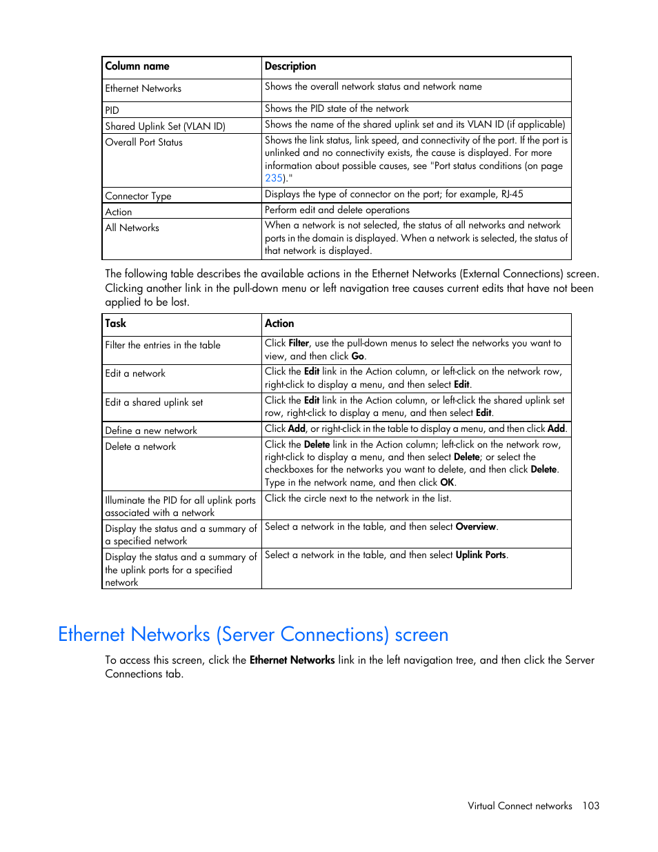 Ethernet networks (server connections) screen | HP Virtual Connect 8Gb 24-port Fibre Channel Module for c-Class BladeSystem User Manual | Page 103 / 262