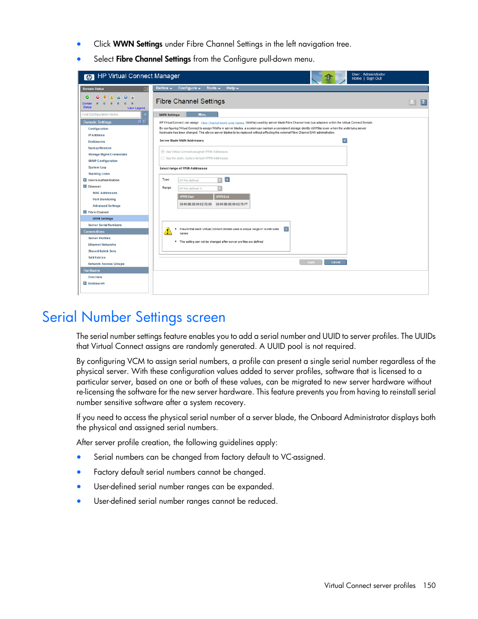 Serial number settings screen | HP Virtual Connect 8Gb 24-port Fibre Channel Module for c-Class BladeSystem User Manual | Page 150 / 262