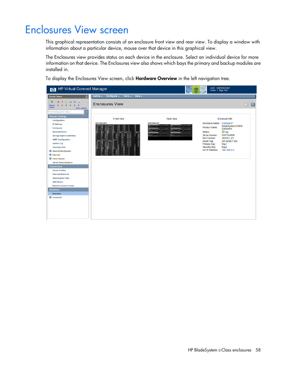 Enclosures view screen | HP Virtual Connect 8Gb 24-port Fibre Channel Module for c-Class BladeSystem User Manual | Page 58 / 262