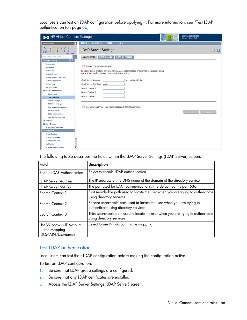 Test ldap authentication | HP Virtual Connect 8Gb 24-port Fibre Channel Module for c-Class BladeSystem User Manual | Page 66 / 262