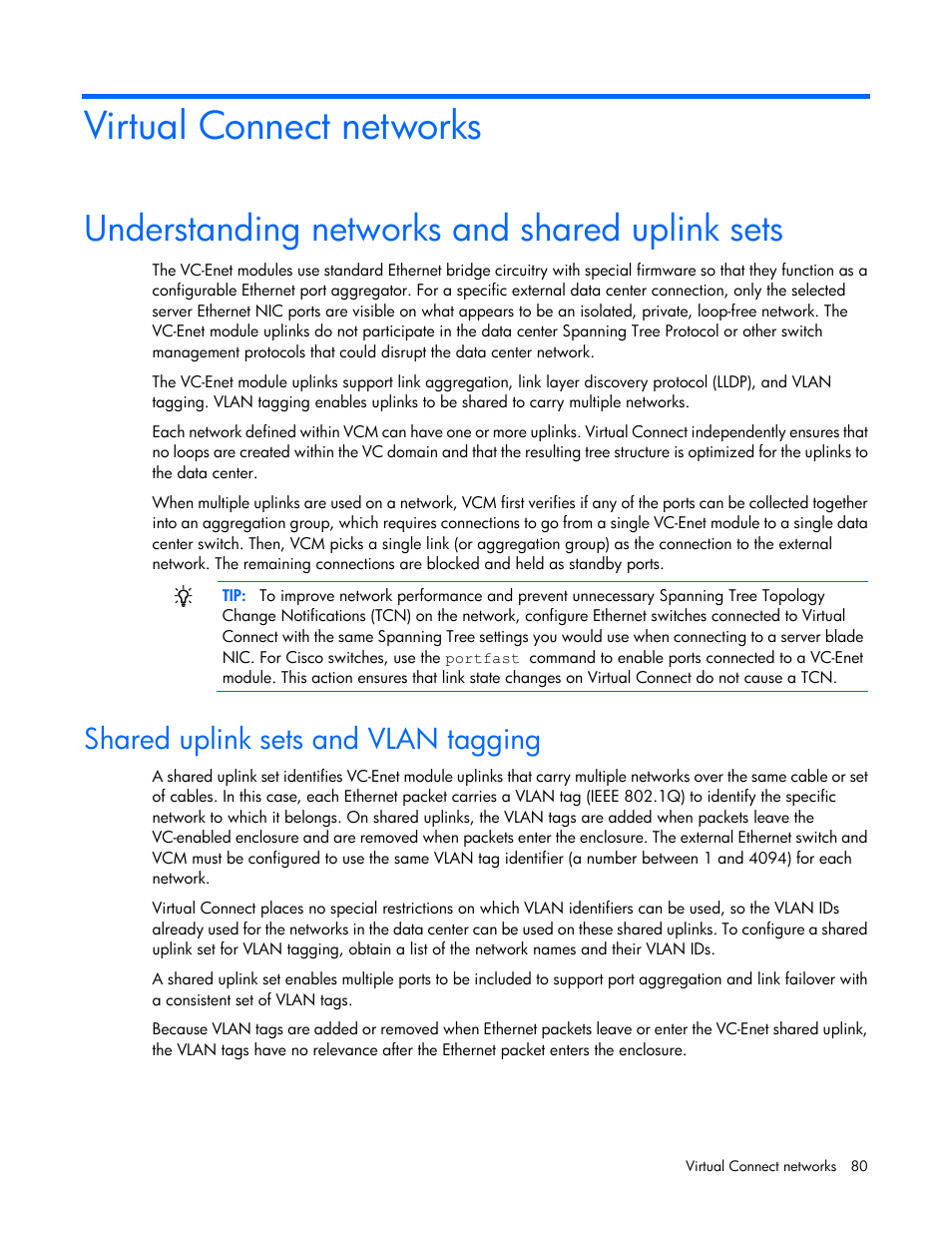 Virtual connect networks, Understanding networks and shared uplink sets, Shared uplink sets and vlan tagging | HP Virtual Connect 8Gb 24-port Fibre Channel Module for c-Class BladeSystem User Manual | Page 80 / 262