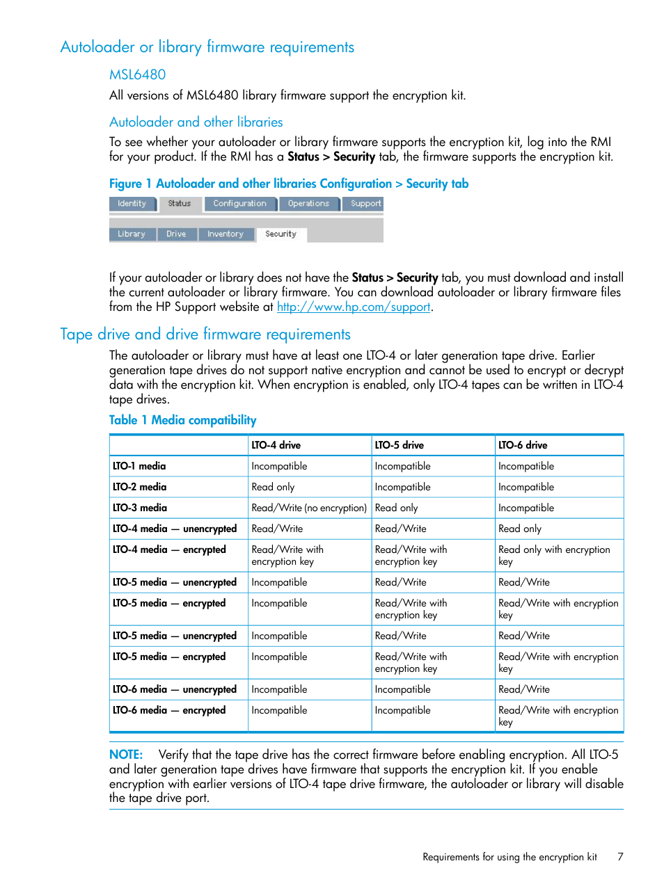 Autoloader or library firmware requirements, Tape drive and drive firmware requirements, Tape drive and drive | Msl6480, Autoloader and other libraries | HP StoreEver MSL Tape Libraries User Manual | Page 7 / 51