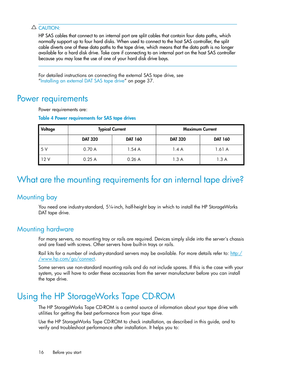 Power requirements, Mounting bay, Mounting hardware | Using the hp storageworks tape cd-rom, 16 mounting hardware, Power requirements for sas tape drives | HP StoreEver DAT Tape Drives User Manual | Page 16 / 84