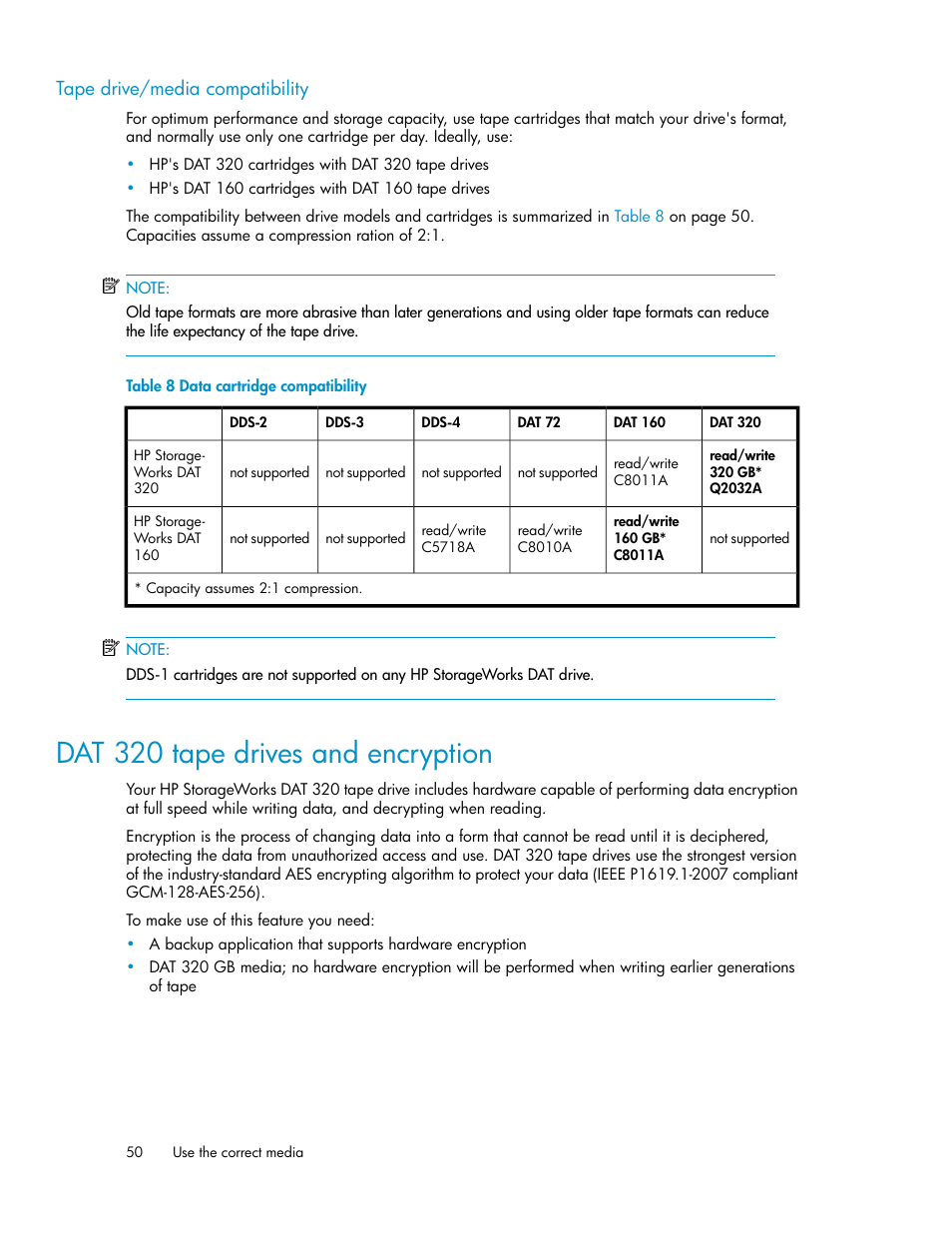 Tape drive/media compatibility, Dat 320 tape drives and encryption, Data cartridge compatibility | Table 8 | HP StoreEver DAT Tape Drives User Manual | Page 50 / 84